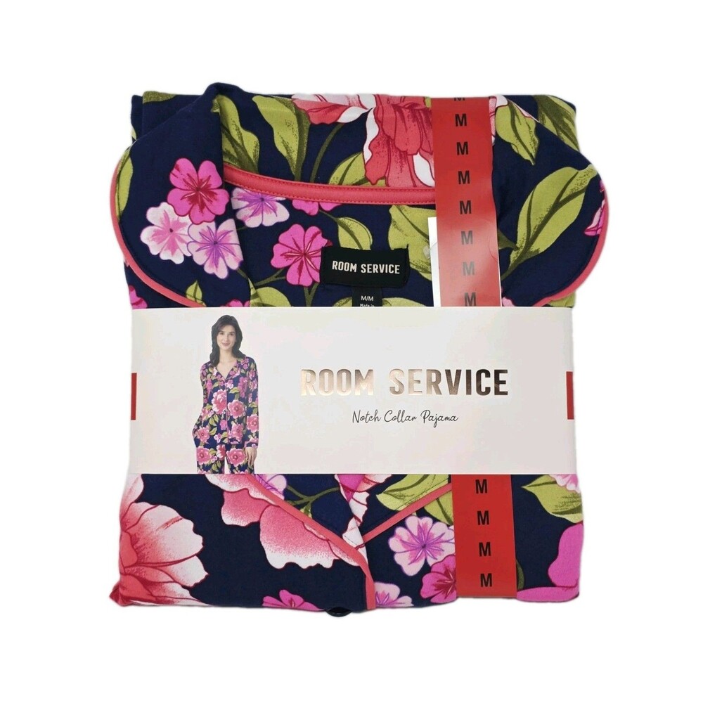 Room Service Shawl Collar Pajama Set Jersey Knit Navy Pink Floral Women's Size M